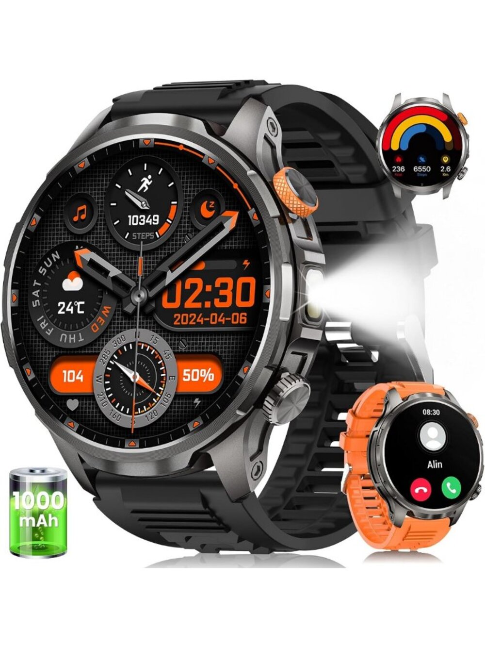 Rugged Waterproof Smart Watch for Men, 100-Day Battery, Heart Rate & 110+ Sports